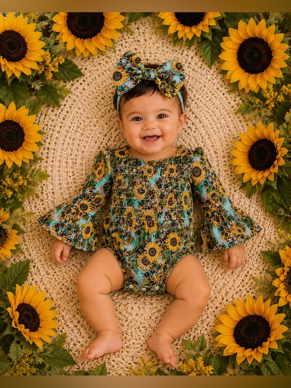 BRAND NEW WITH TAGS Sunflower & Leopard Cross Baby Onesie with Headband